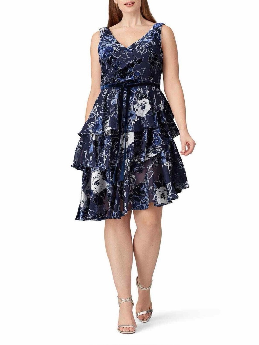 Marchesa Notte Blue Floral Velvet Tiered Asymmetric Cocktail Dress Size 8